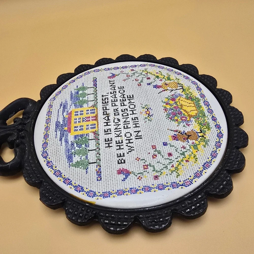 Vintage Cast Iron Trivet‎ Ceramic Insert Home Quote Cross Stitch Style Black